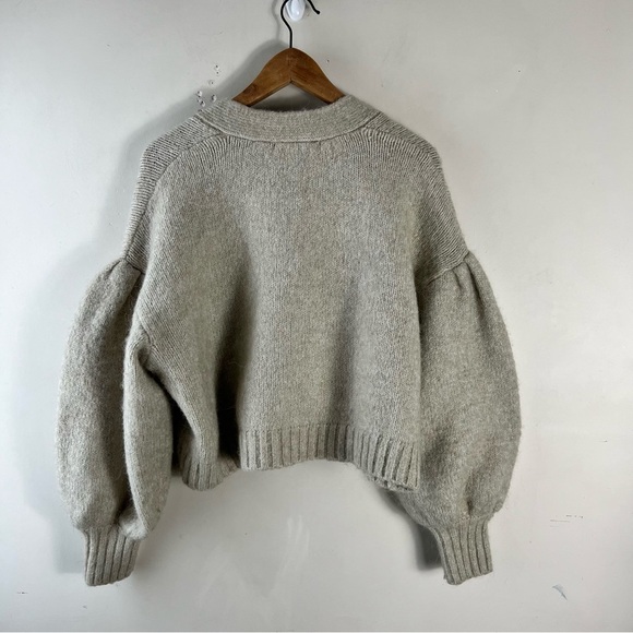 Zara Size M Light Green Puff Sleeve Slouchy Alpaca Blend Rhinestone Bow Cardigan - Picture 2 of 12